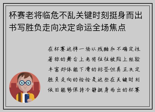 杯赛老将临危不乱关键时刻挺身而出书写胜负走向决定命运全场焦点