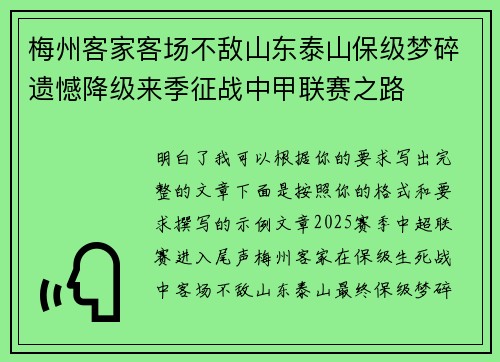 梅州客家客场不敌山东泰山保级梦碎遗憾降级来季征战中甲联赛之路 梅州客家客场不敌山东泰山保级梦碎遗憾降级来季征战中甲联赛之路